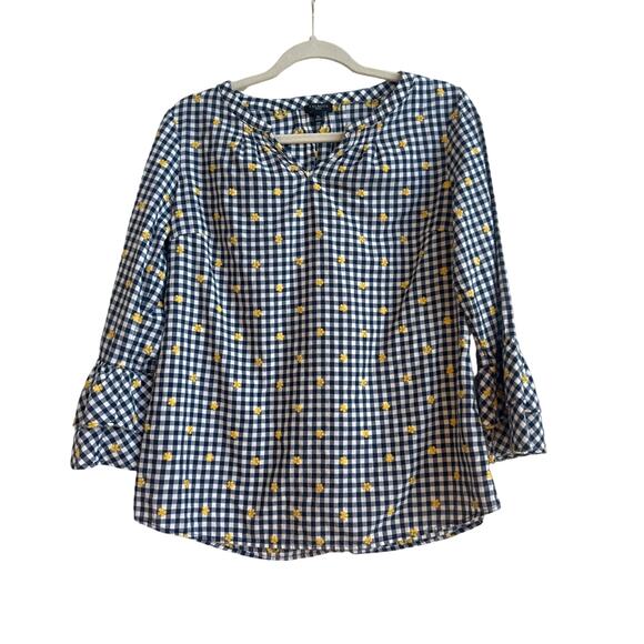 Talbots Blue and White Gingham with Yellow Embroidered Flowers, Bell Sleeves - Picture 1 of 6